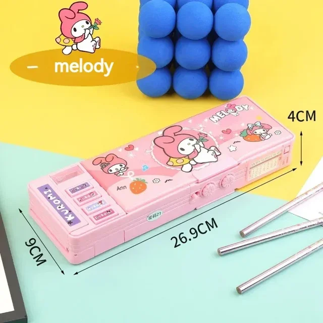 New Sanrio Stationery Box Kuromi Melody Stationery Box with a password lock, multifunctional design, and large capacity. Made of plastic, it features a pink exterior with My Melody character illustrations, including strawberries and floral accents. Dimensions are 26.9 cm x 9 cm x 4 cm. Suitable for organizing pencils and other stationery items, ideal as a children's gift.