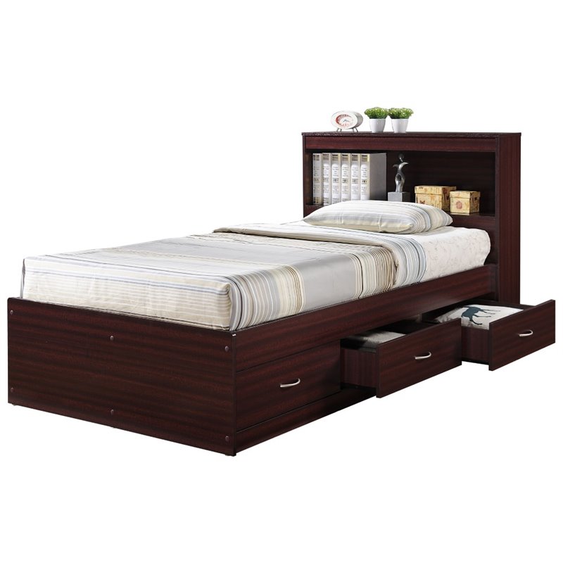 Hodedah Lit Capitaine Format Simple avec 3 Tiroirs et Tête de Lit en Bois Acajou