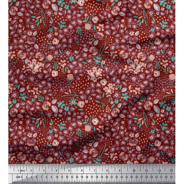 Soimoi Red Silk Fabric Floral & Leopard Animal Skin Print Fabric by Yard 42 Inch Wide