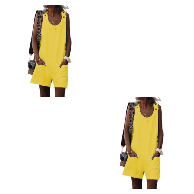 serony Combinaison d'Été Sans Manches à Col Rond pour Femme, Décontractée, Couleur Unie, Poches avant, Jaune S Jaune m 2Set