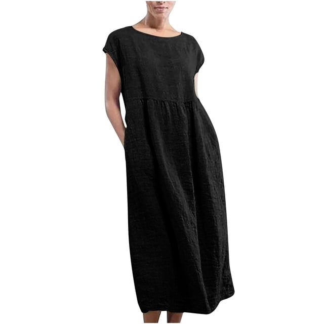 TopLLC Robes d'Été pour Femmes, une Robe Longue Noire en Coton Léger avec Encolure Ras du Cou et design Sans Manches. Cette Robe de Couleur Unie Présente une Encolure Ronde, une Coupe Ample d'Inspiration Rétro, et Est Idéale pour les occasions Décontractées, la Maison Ou le Quotidien. Offerte en Tailles plus.