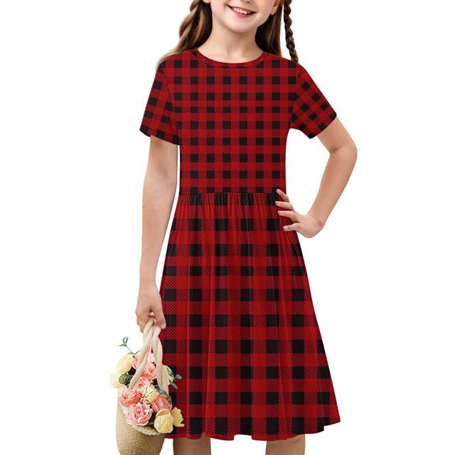 Liquidation d'Économies d'Été Iumwxz Robe Décontractée Trapèze Robe Tunique pour Adolescentes Robe Col Rond Imprimé à Carreaux Manches Courtes Robes pour Filles Coupe Ample Robe pour les Vacances 4-14a