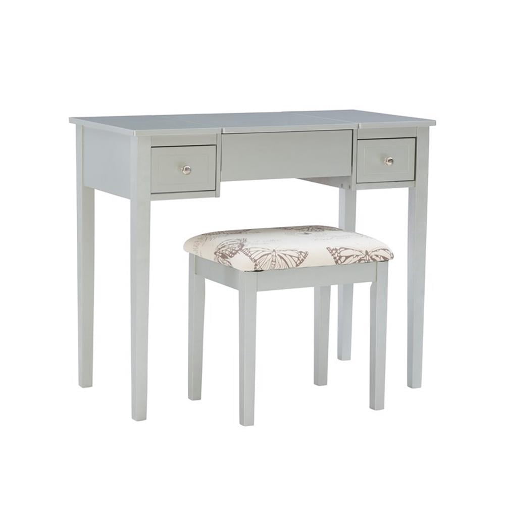 Linon Butterfly Vanity & Padded Stool Flip Up Mirror 2 Drawers in Silver Wood