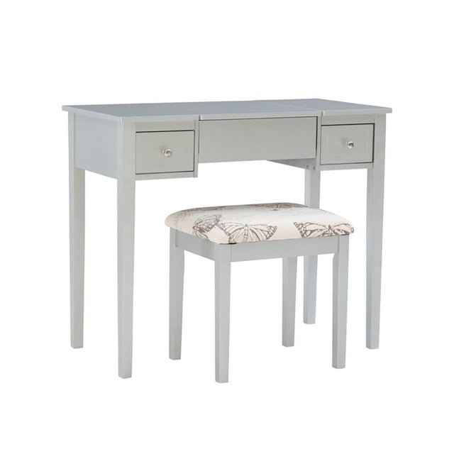 Linon Coiffeuse Papillon et Tabouret Rembourré Miroir Relevable 2 Tiroirs en Bois Argenté