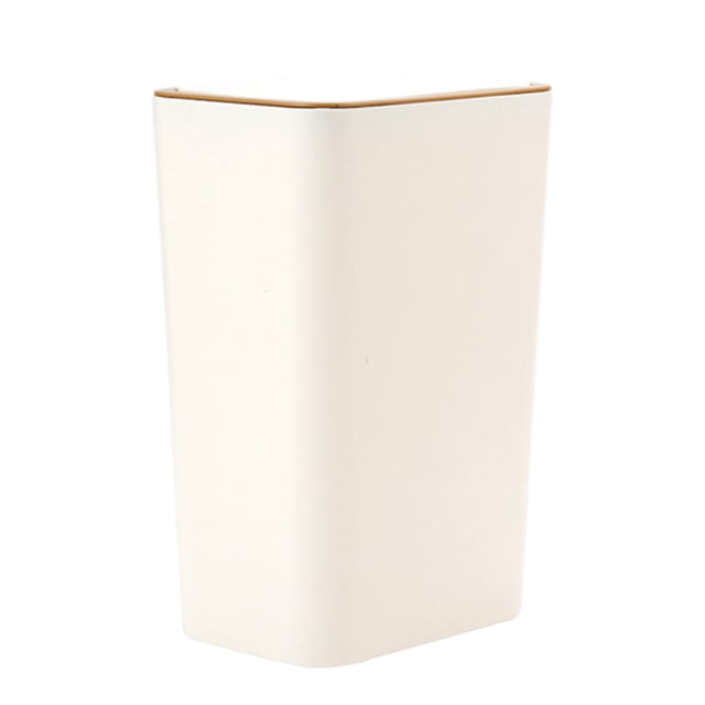 EGNMCR Storage Containers Plastic Garbage Container Bin with Press Top Lid in beige. Made of durable plastic, this slim and space-efficient wastebasket measures 15.5x21.8x32.8cm, ideal for home, kitchen, bathroom, or garage use. Features a push-on lid design for easy access, a plastic ring to secure trash bags, and a modern design suitable for recycling and waste disposal.