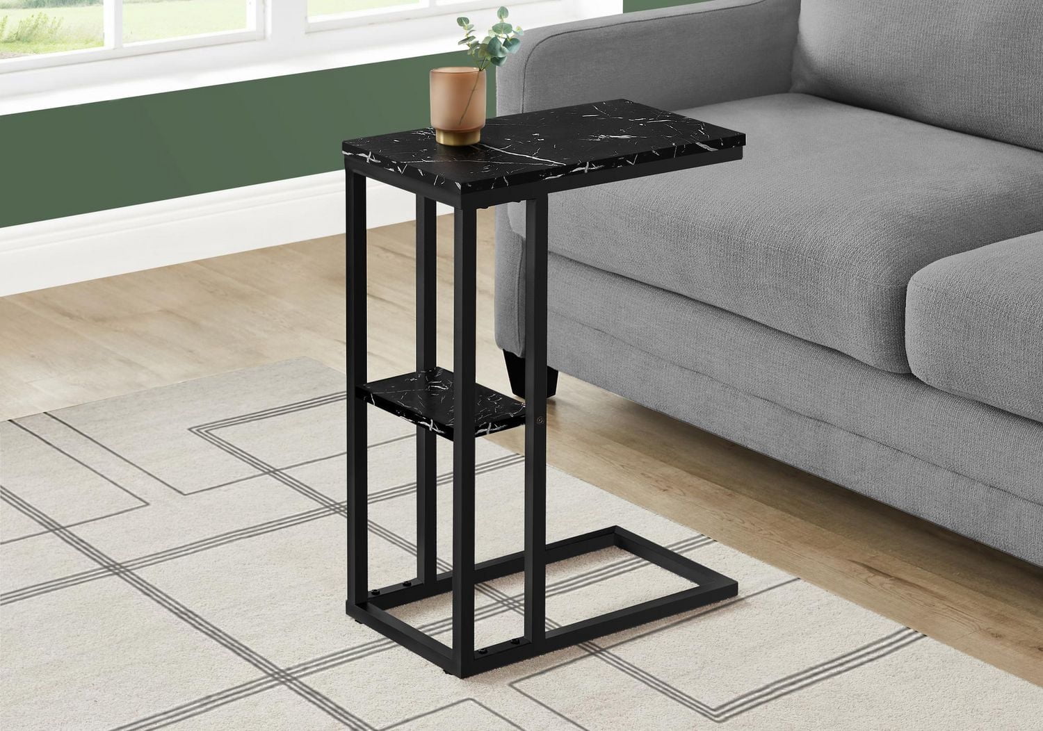 Monarch Specialties Table D'appoint, En Forme De C, Bout, Côté, Collation, Salon, Chambre À Coucher, Métal, Stratifié, D'aspect Marbre Noir, Contemporain, Moderne