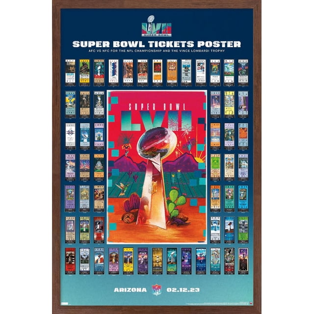 NFL League - Super Bowl LVII Ticket Collage Wall Affiche, 22.375 Pouces x 34 Pouces, Affiche Encadrée Présentant une illustration Centrale Colorée du Trophée Vince Lombardi avec des Feux d'Artifice et des Plantes du Désert, Entourée d'Un Collage de Billets Super Bowl Historiques sur un Fond Bleu avec Texte d'Événement Blanc Incluant Arizona et date 02.12.23, Imprimée sur Papier Brillant pour une Couleur Vibrante, Convient à la Déco de Salle de Sport
