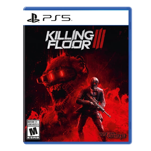 Killing Floor 3 (PS5) Couverture de Jeu Présentant un design à Thème d'Horreur Rouge et Noir avec une Grande Créature Monstrueuse Portant des Lunettes Rouges Lumineuses derrière un Soldat en Équipement Tactique Tenant un Fusil, Mettant en Valeur Ce Tir Coopératif FPS intense Classé Mature 17+ par ESRB.