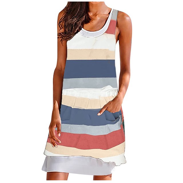 Womens Summer Casual Sleeveless Round Neck Printed Tank Dress with a striped pattern in blue, red, beige, and white. Made from lightweight polyester, this sleeveless dress is comfortable and ideal for spring and summer casual outings.