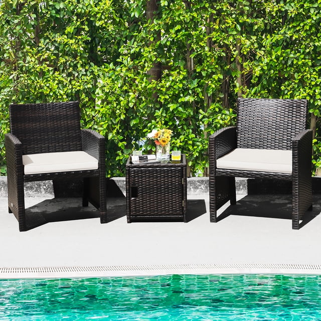 Costway Ensemble de Meubles de Terrasse en Osier 3 Pcs Table de Rangement avec Housse de Protection Coussinée