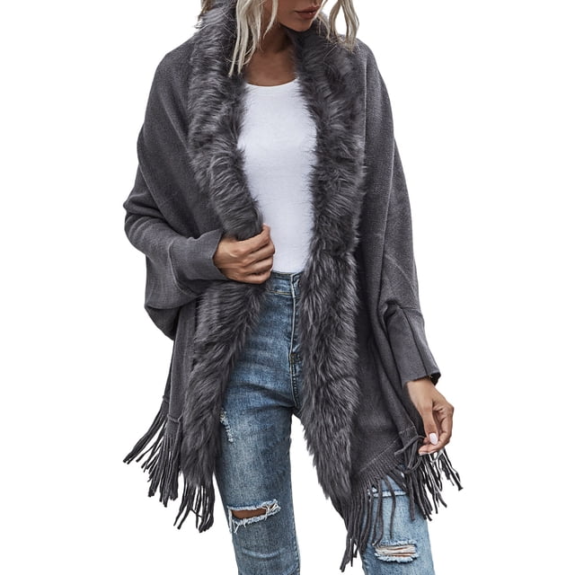 GDREDA Womens Solid Color Collar Cloak Knitted Capes Shawl Tassel Open Front Cardigans Sweater Coat Workout Clothes