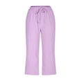 thumbnail image 3 of Plebaso Womens Elastic Waist Capris Pants Solid Color Straight Wide Leg Trousers With Pockets Ladies Casual Trousers, 3 of 6