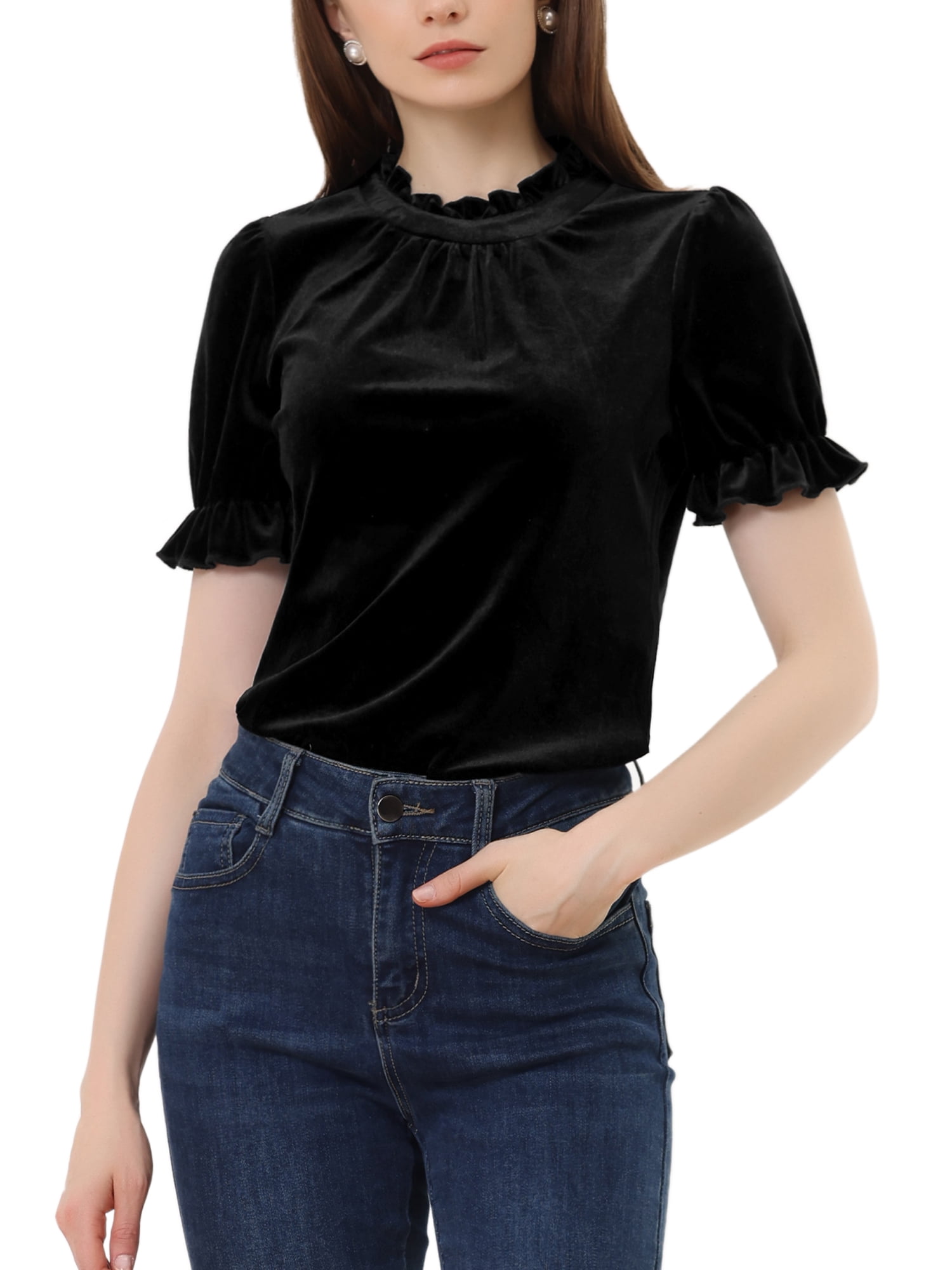 INSPIRE CHIC Ruffle Collar Shirt for Women's Short Sleeve Velvet Tops Blouse L Black