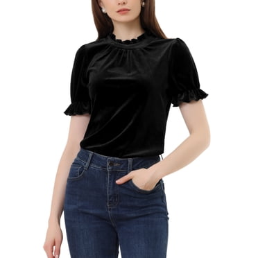 INSPIRE CHIC Chemise à Col à Volants pour Femmes, Manches Courtes, Hauts en Velours, Blouse m Noir