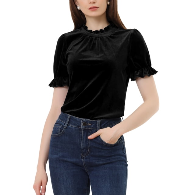 INSPIRE CHIC Chemise à Col à Volants pour Femmes, Manches Courtes, Hauts en Velours, Blouse, L Noir