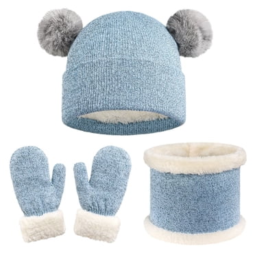 Kids Winter Hats Gloves Scarf Set Kids Warm Mittens Soft Cap Fleece Lined Toddler Beanie Hat for Boy Girl 3 In 1 Knitted Fleece Lined Hat Scarf Gloves Set My Orders Blue 1-11 Years