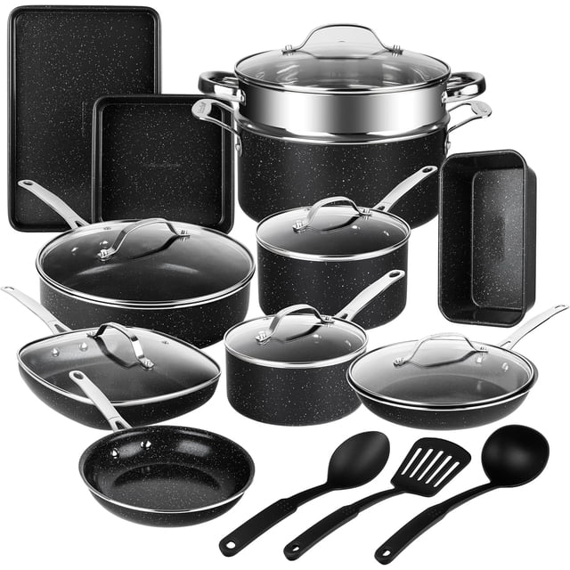 Granitestone 20 Pc Complete Pots and Pans Set Non Stick, Cookware Set with Deep Frying Pan Set, Bakeware Cooking Utensils, Oven and Dishwasher Safe