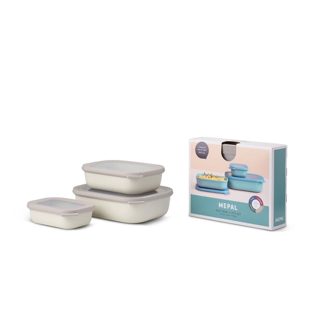 CIRQULA Ensemble de Bols 3 Pcs Rectangulaires avec Trois Contenants Empilables Rectangulaires pour Crème et Aliments avec Couvercles Translucides et Scellés Hermétiques Gris, Illustré avec l'Emballage Mepal, Idéal pour Entreposer, Congélation et Chauffage des Aliments Tout en les Gardant Frais Plus Longtemps.