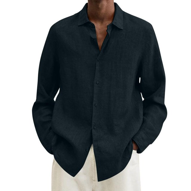 MesaSe Chemise en Lin de Coton Solide Col Rond à Manches Longues