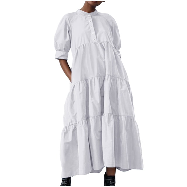 AherBiu Plus Size Maxi Dresses for Women Button up High Neck 1/2 Sleeve Ruched Ruffle Flowy Long Summer Dress