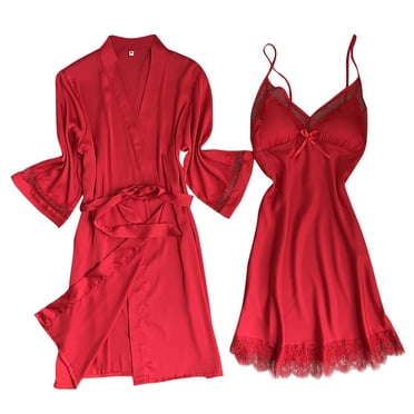 Rbaofujie Christmas Pajamas for Women Satin Silk Pajamas Cardigan Nightdress Bathrobe Ladies Robes Underwear Sleepwear Vintage Nightgown
