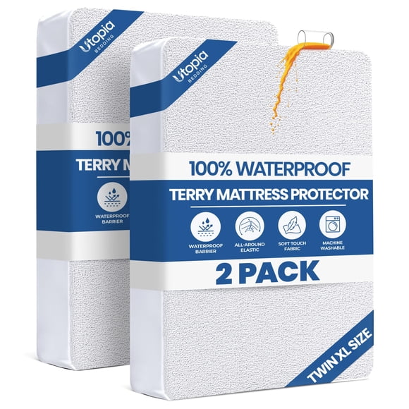 Twin XL Size Mattress Protector Waterproof 2 Pack, Premium 200 GSM Terry Mattress Cover, Soft & Breathable Bed Cover, Fitted Sheet Style Stretchable Deep Pockets 15" by