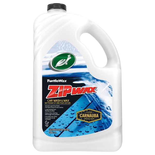 Turtle Wax Zip Wax Car Wash & Wax 2.95L white plastic jug with black screw cap, featuring a blue and black label that highlights one-step carnauba protection, hydrophobic layer, streak-free finish, and tire conditioning for quick, durable car cleaning and waxing.