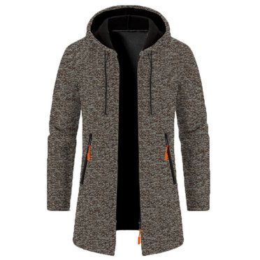Weiqiqre Sweaters for Men Coat Hooded Mid-Length Drawstring Pocket Zipper Long Sleeve Velvet Loose Large Size Outwear Knitted Cardigan Jacket Coat