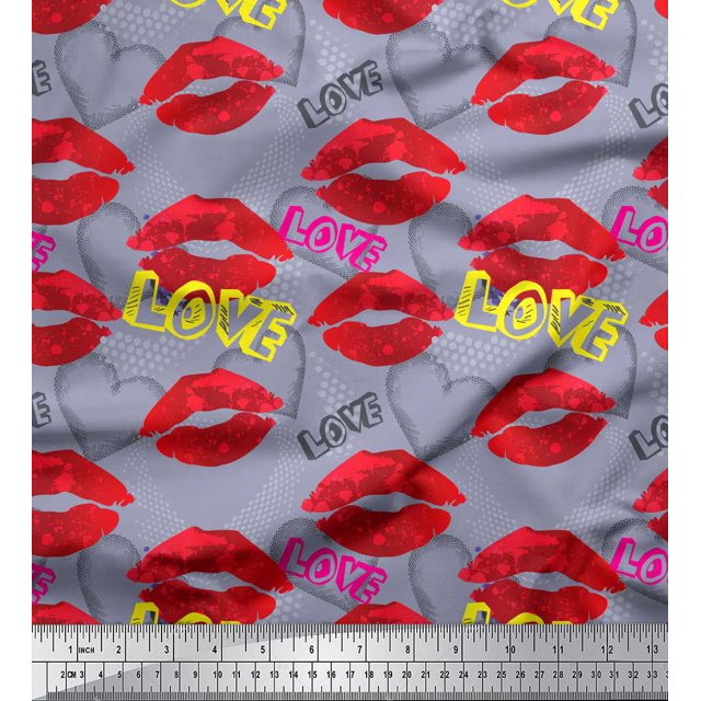 Soimoi Grey Silk Fabric Text,Lips & Heart Fabric Prints By Yard 42 Inch Wide