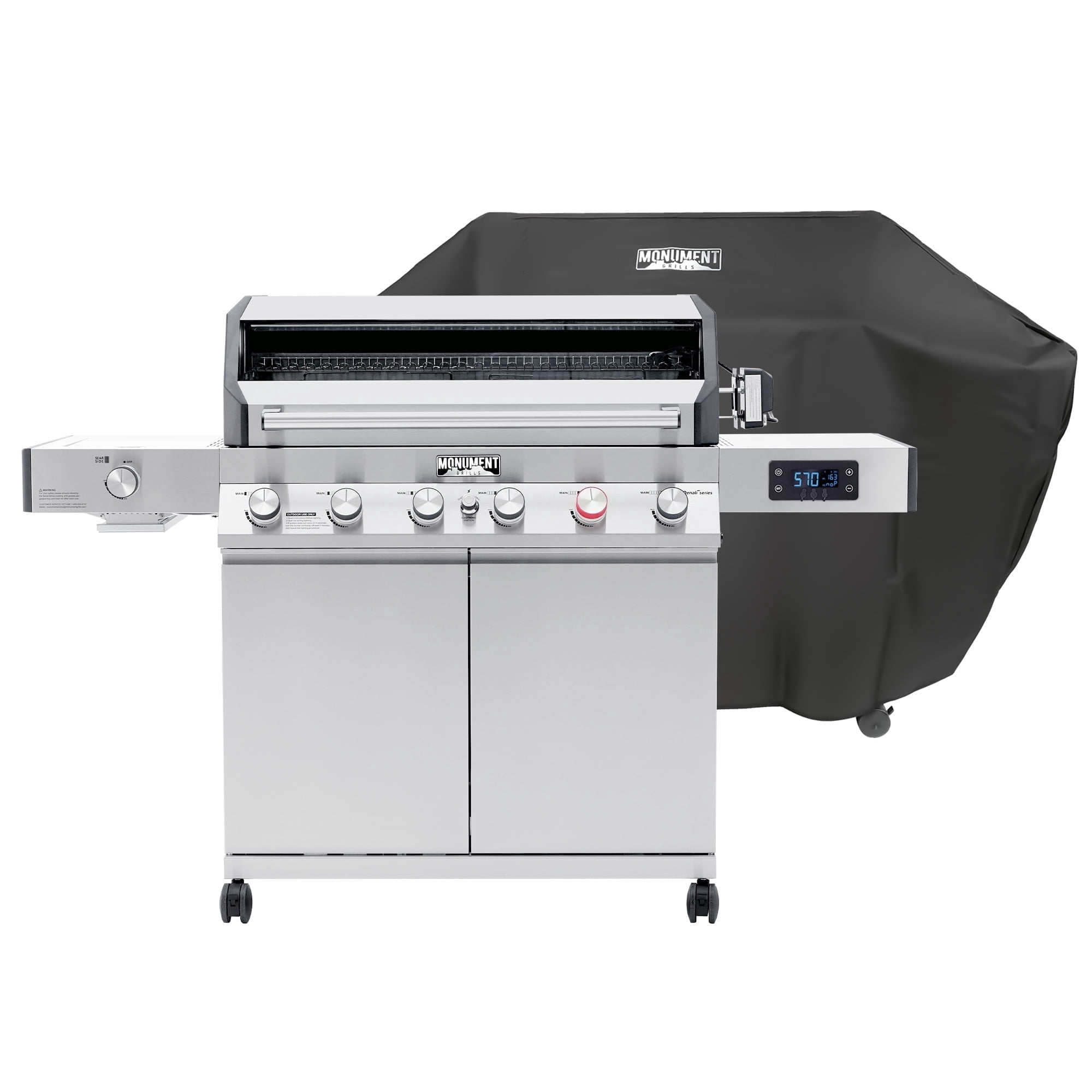 Monument Grills Denali D605P 6-Burner Stainless Steel Dual Fuel Gas BBQ Grill with Clear View Lid, Sear Burner, LED Controls, Bluetooth