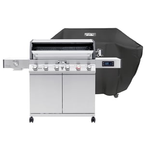 Monument Grills Denali D605P 6-Burner Stainless Steel Dual Fuel Gas BBQ Grill with Clear View Lid, Sear Burner, LED Controls, Bluetooth