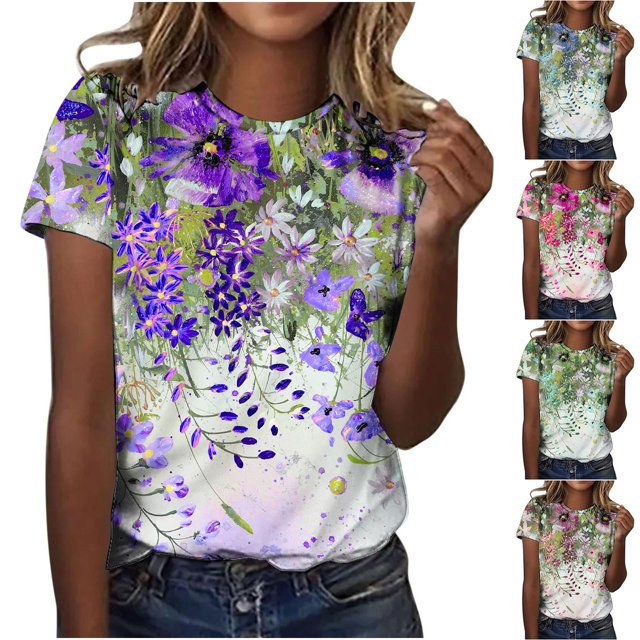 Économies du Printemps! CEHVOM T-Shirts Graphiques Floraux pour Femmes, T-Shirt à Manches Courtes Boho à Imprimé Paysage Floral pour Femmes, Col Rond Ample Décontracté d'Été Décontracté Ample Basique Confortable T-Shirts Boho Hauts 2023