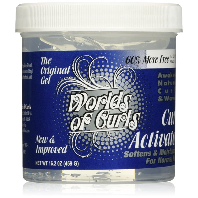 Worlds Of Curls Curl Activator Regular Gel in a 16.2-ounce container. The product features a blue label with white and silver text, highlighting benefits such as softening, moisturizing, and defining natural curls and waves. The clear gel is visible through the transparent plastic jar with a white screw-on lid.