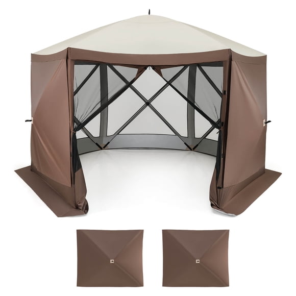 Costway Pavillon Escamotable 11,5 X 11,5 Pi avec Parois en Moustiquaire et 2 Toiles Coupe-Vent Amovibles pour l'Intimité