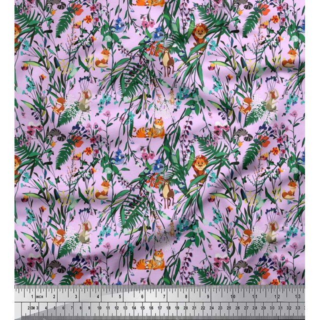 Soimoi Polyester Crepe Fabric Leaves & Cartoon Animals Jungle Fabric Prints by Yard 42 Inch Wide
