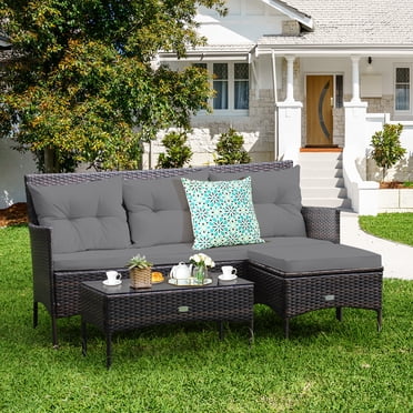 Costway Ensemble de Mobilier de Terrasse en Rotin 3 Pcs Canapé 3 Places Table avec Coussins Jardin Gris