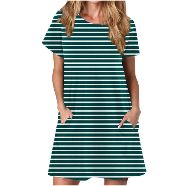 FcBaudy Robe à Manches Courtes à Col Rond Longueur Genou, Robes d'Été pour Femmes Robe T-Shirt d'Été Décontractée pour Femmes Tunique Ample à Manches Courtes avec Poches pour Femme Jupe Imitation Coton