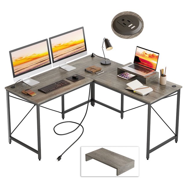 Bestier 95.2 inch L Shaped Desk with Power Outlet Reversible Corner Office Desk Grey