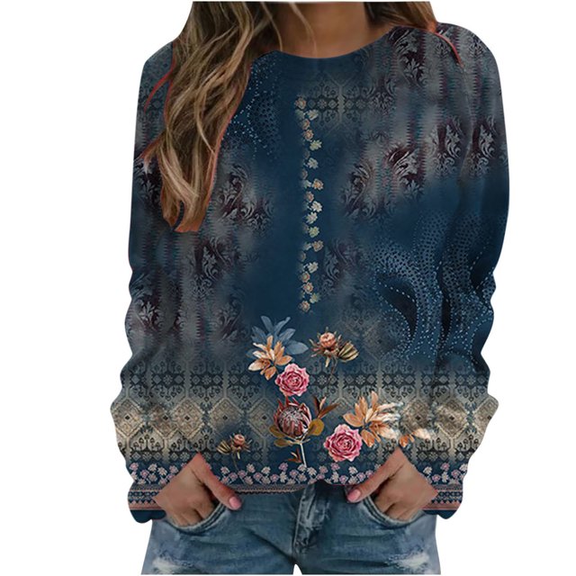 RKSTN Chandails à Manches Longues pour Femmes Mode à Imprimé Floral Décontracté Hauts à Manches Longues à Col Rond Coupe Ample Chandail Blouse