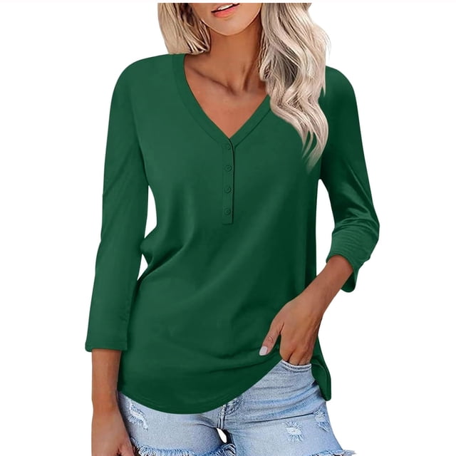 FAIWAD Womens V Neck 3/4 Sleeve T-Shirts Solid Color Casual Basic Tops 2024 Button Up Tees Blouses