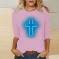 thumbnail image 2 of RKSTN Hauts pour Femmes Mode Décontractée Imprimé Crucifix Col Rond Manches 3/4 T-Shirt Couleur Unie Ajusté Blouse Printemps Été, 2 of 4