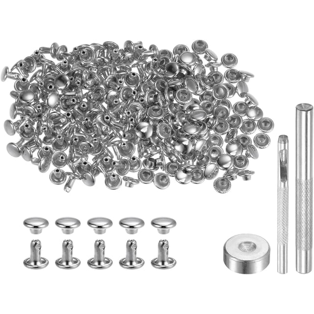 200 Sets Leather Rivets 6 x 6mm Metal Double Cap Rivet Snaps Studs Fasteners with 3pcs Setting Tools Rivets for Leather Craft DIY Repair Decoration, Silver Tone