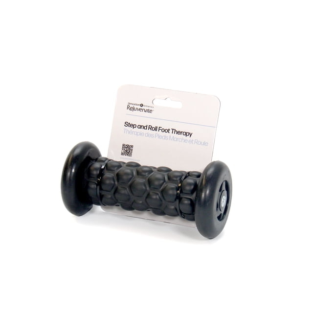Zenzation Step and Roll Foot Therapy black foot massager roller with embossed beehive texture for deep therapeutic massage, shown with product card on white background, ideal for relieving foot pain and improving circulation.