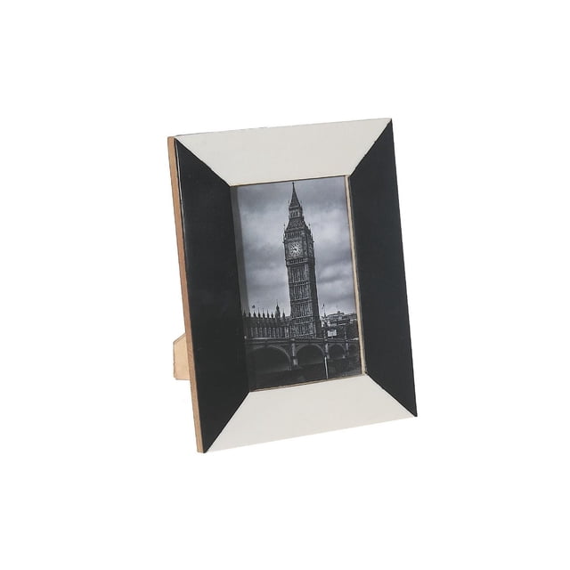 4X6 Black & White Inlay Photo Frame crafted from wood with black sides and white top and bottom edges, displaying a black and white photo of Big Ben, standing angled on a white background, ideal for showcasing 4x6 photos with modern contrast.
