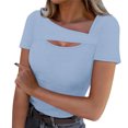 thumbnail image 1 of Lenpel T Shirts for Women Fashion Summer Short Sleeve Cutout Ribbed Knit Solid Color Slim Basic Tees Going out Tops, 1 of 7