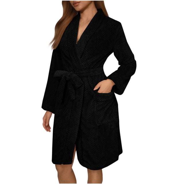Womens Plush Fleece Robe Knee Length Cozy Fuzzy Bathrobe with Belt Shawl Collar Warm Soft Towel Robes Black, XL