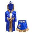 thumbnail image 2 of Fldy Ensemble d'Uniforme de Boxe pour Garçons 2 Pcs Robe de Boxe et Shorts MMA Costume de Boxeur Tenue d'Halloween Bleu Royal Or 12, 2 of 4