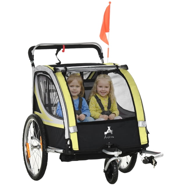 Aosom Remorque pour Vélo d'Enfant avec Rangement, Harnais à 5 Points Poussette pour Bébé Jaune