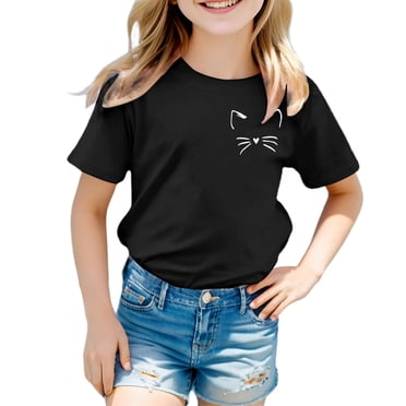 T-shirts pour Filles Enfants Filles Été T-Shirt à Imprimé Chat T-Shirt Décontracté Mince Respirant Haut pour Garçons et Filles Tee-Shirt Ado Fille Noir 5 Ans-6 Ans