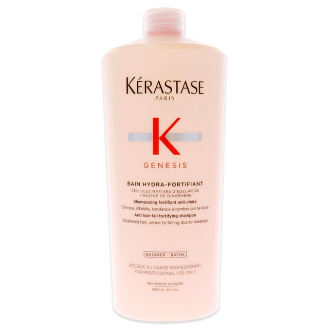 Genesis Bain Shampooing Hydra-Fortifiant par Kérastase pour Unisexe dans une Bouteille de 34 oz. Ce Shampooing Sans Sulfate Nettoie en Douceur et Protège les Cheveux Traités par la Couleur Ou Méchés. Il Intègre une Technologie Avancée de Capture Syst Me pour Neutraliser les Particules d'Eau Nocives, Préservant l'Éclat de la Couleur des Cheveux. la Bouteille Rose Pâle Présente des accents Rouges et Argentés Audacieux avec le logo Kérastase Bien en Vedette.